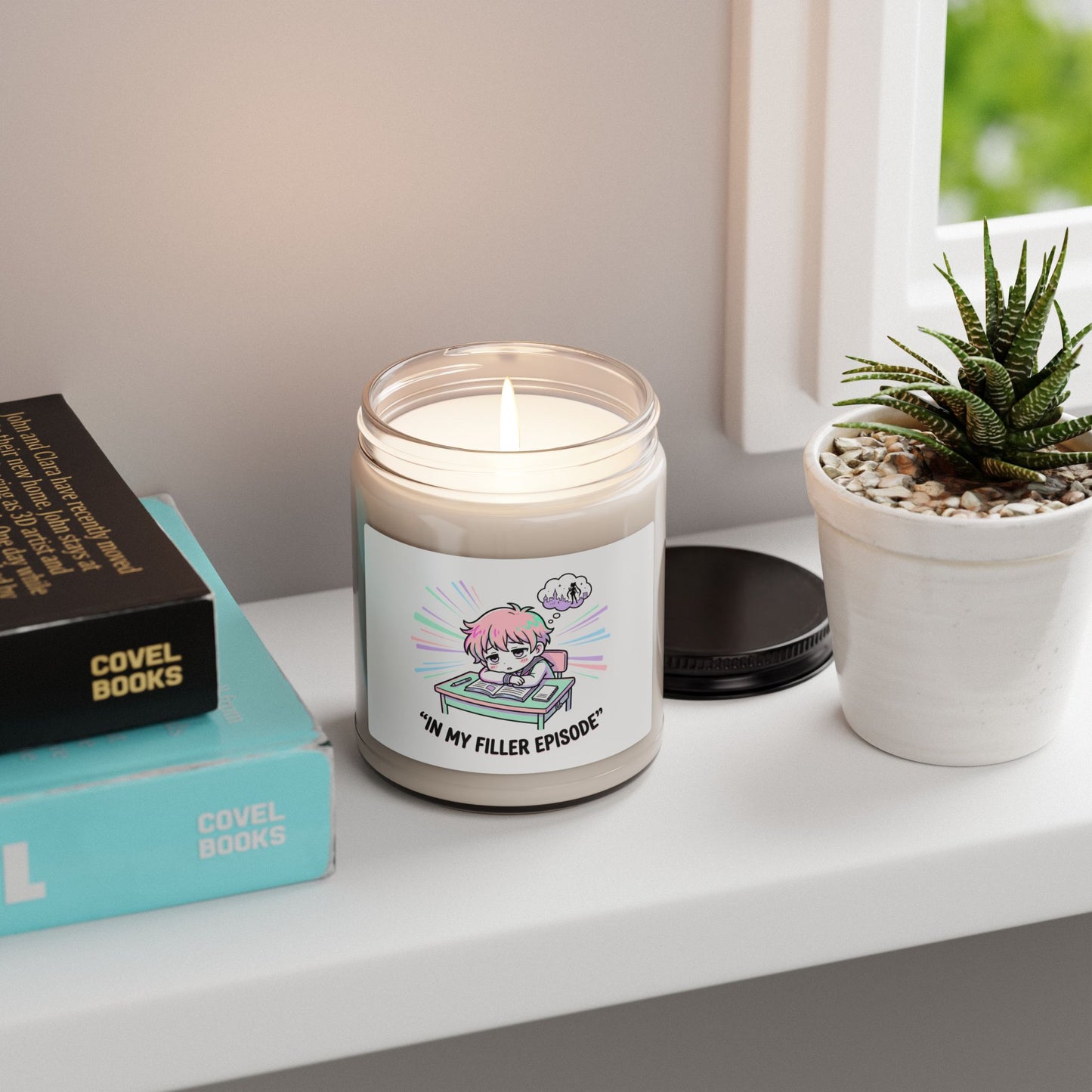 chibi study scene soy candle, anime aesthetic | kawaii manga panel