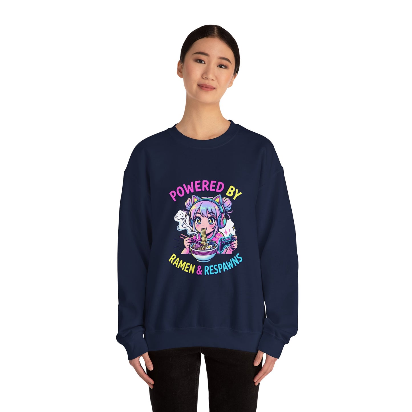 Crewneck Sweatshirt — "Powered by Ramen & Respawns" Cute Anime Gamer Graphic