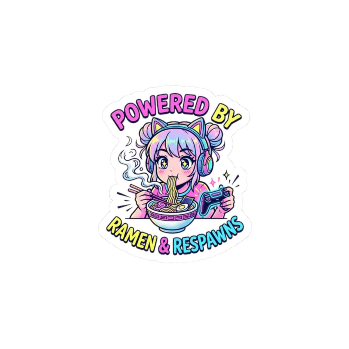 Powered by Ramen & Respawns Kiss-Cut Sticker — Cute Gamer Anime Vinyl Decal