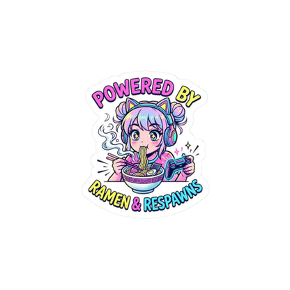 Powered by Ramen & Respawns Kiss-Cut Sticker — Cute Gamer Anime Vinyl Decal