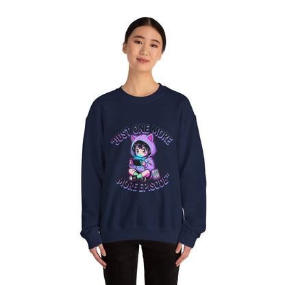 Crewneck Sweatshirt — “Just One More Episode” Cute Gamer Cat Hoodie Design