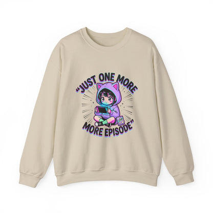 Crewneck Sweatshirt — “Just One More Episode” Cute Gamer Cat Hoodie Design