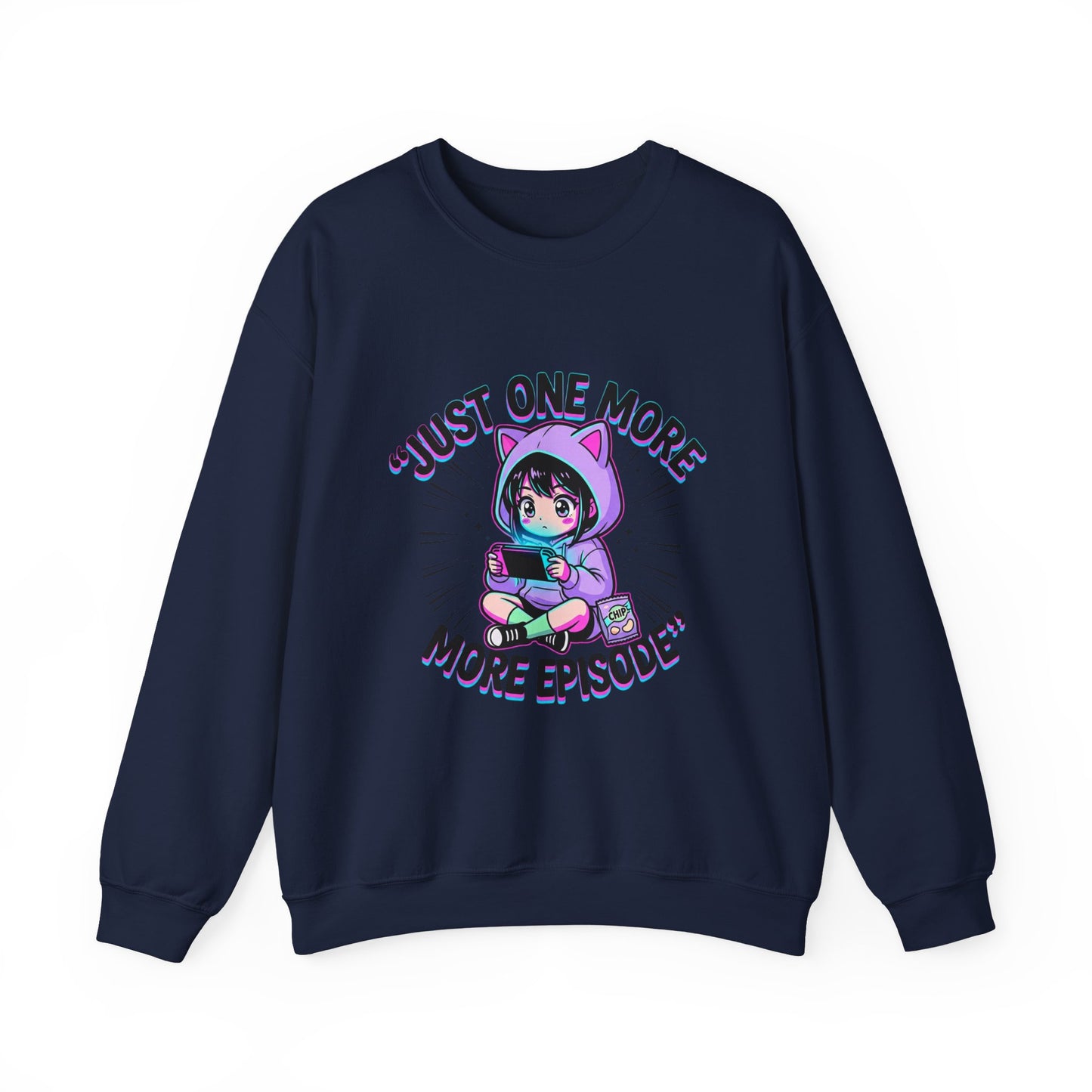 Crewneck Sweatshirt — “Just One More Episode” Cute Gamer Cat Hoodie Design