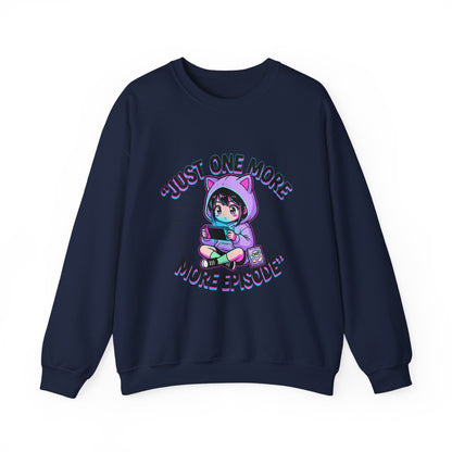 Crewneck Sweatshirt — “Just One More Episode” Cute Gamer Cat Hoodie Design