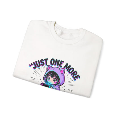 Crewneck Sweatshirt — “Just One More Episode” Cute Gamer Cat Hoodie Design