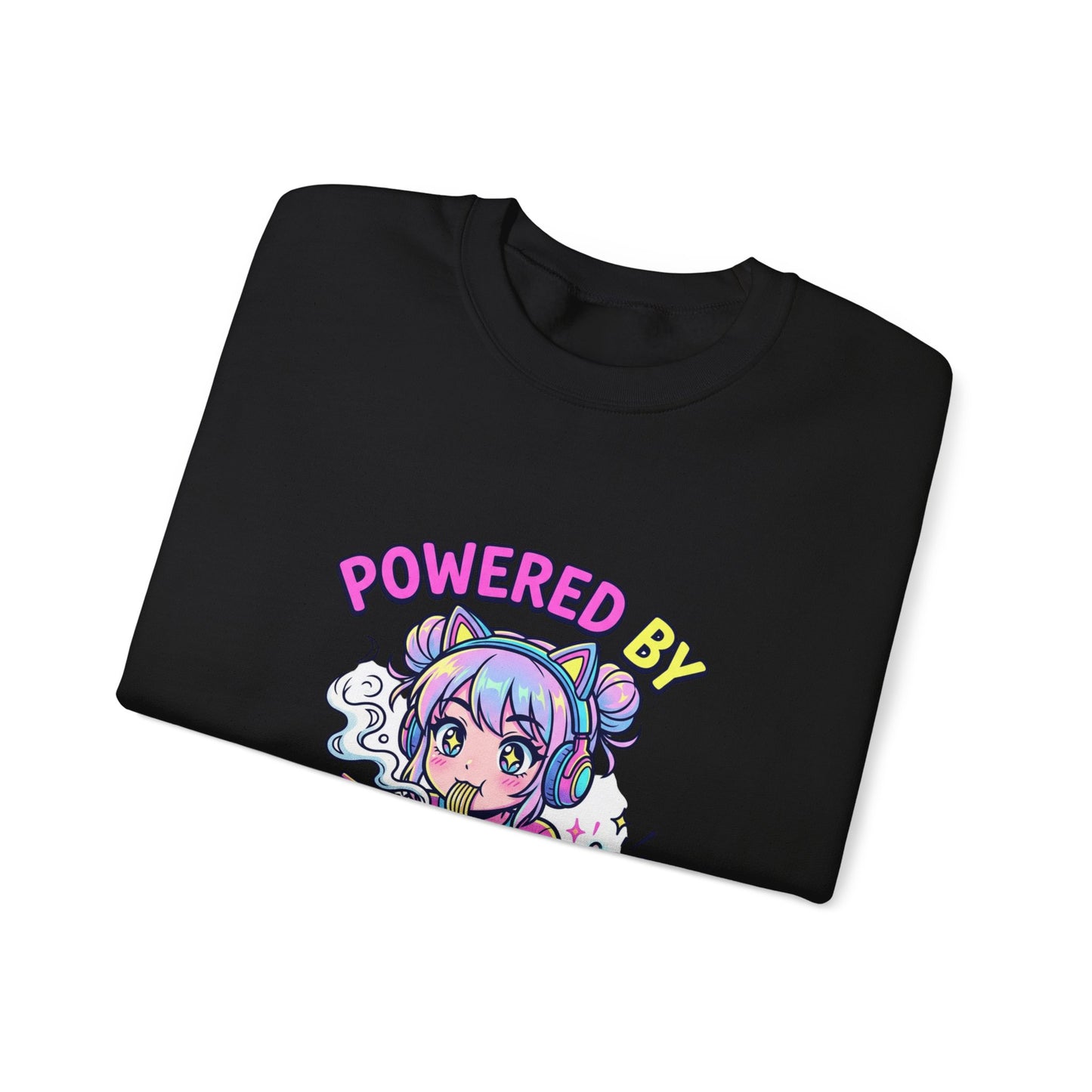 Crewneck Sweatshirt — "Powered by Ramen & Respawns" Cute Anime Gamer Graphic
