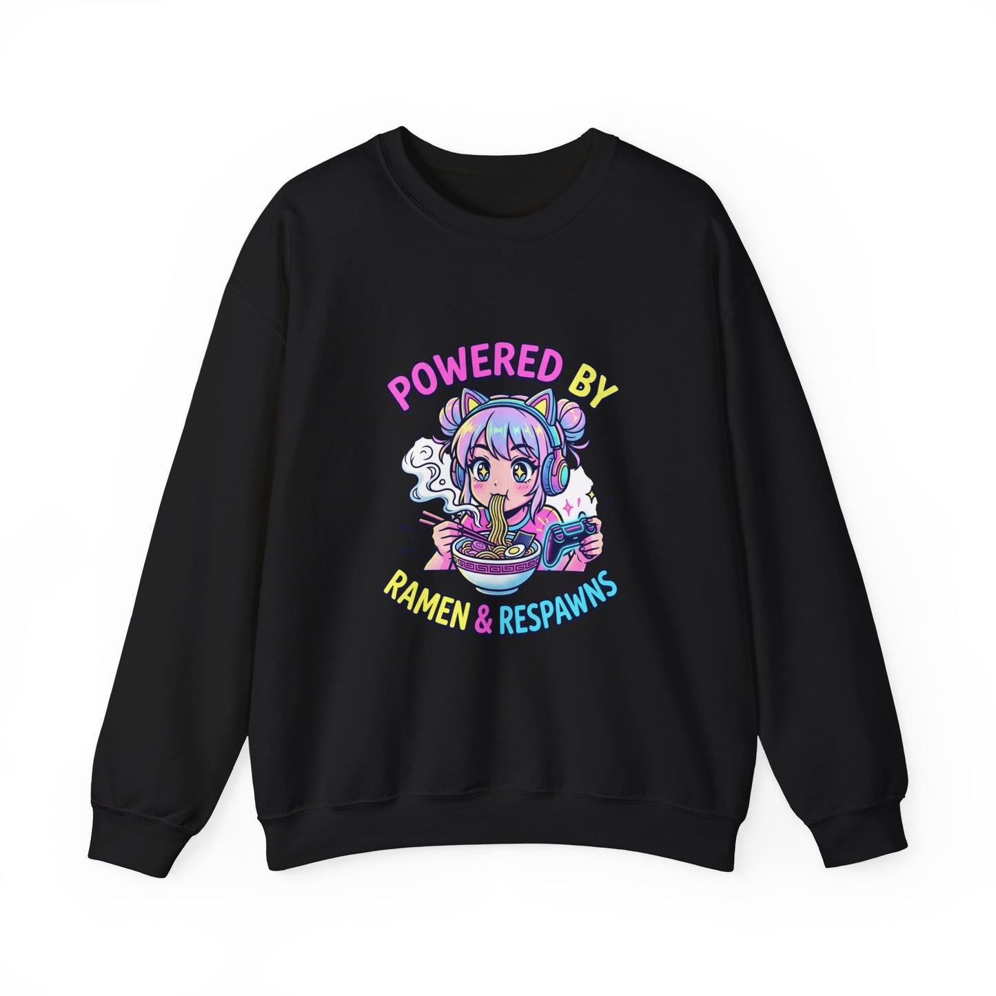 Crewneck Sweatshirt — "Powered by Ramen & Respawns" Cute Anime Gamer Graphic