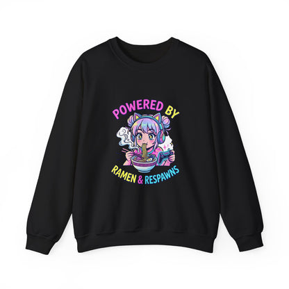 Crewneck Sweatshirt — "Powered by Ramen & Respawns" Cute Anime Gamer Graphic