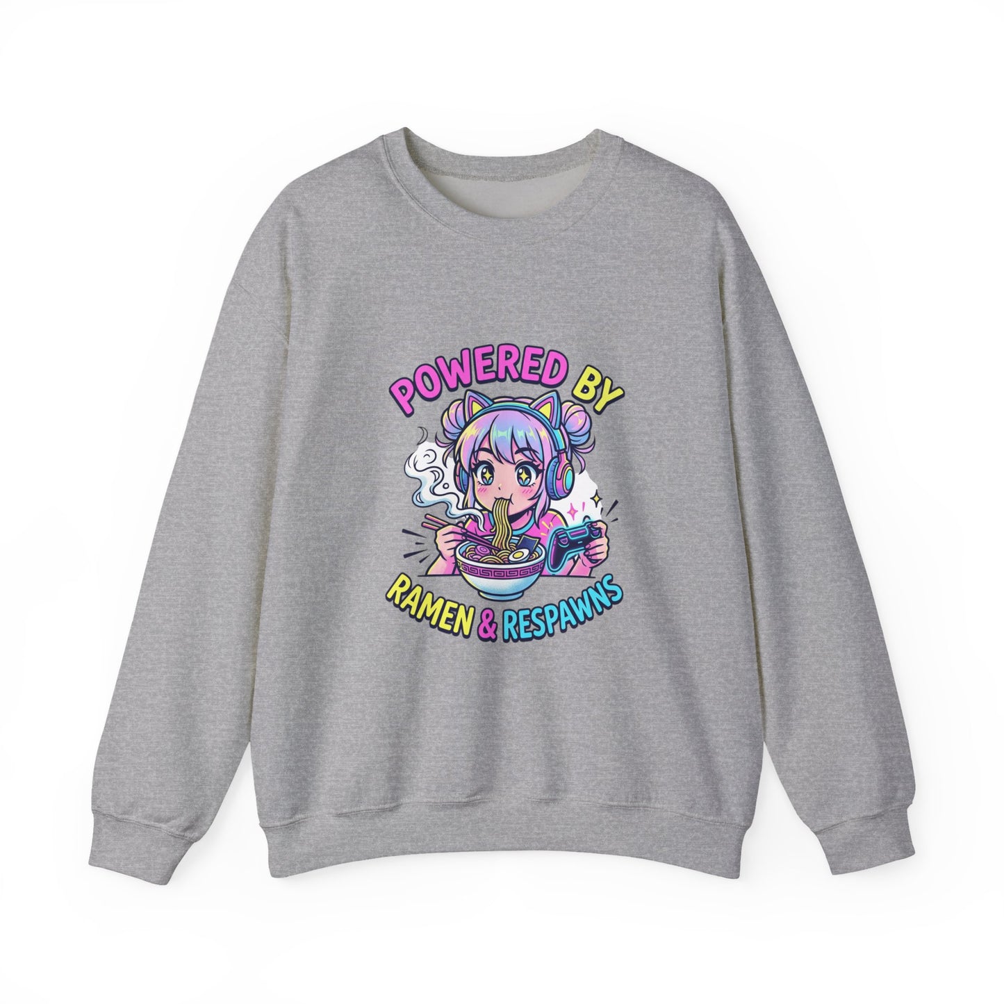 Crewneck Sweatshirt — "Powered by Ramen & Respawns" Cute Anime Gamer Graphic