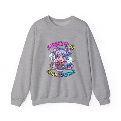 Crewneck Sweatshirt — "Powered by Ramen & Respawns" Cute Anime Gamer Graphic