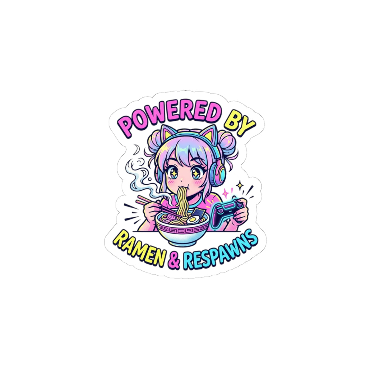 Powered by Ramen & Respawns Kiss-Cut Sticker — Cute Gamer Anime Vinyl Decal