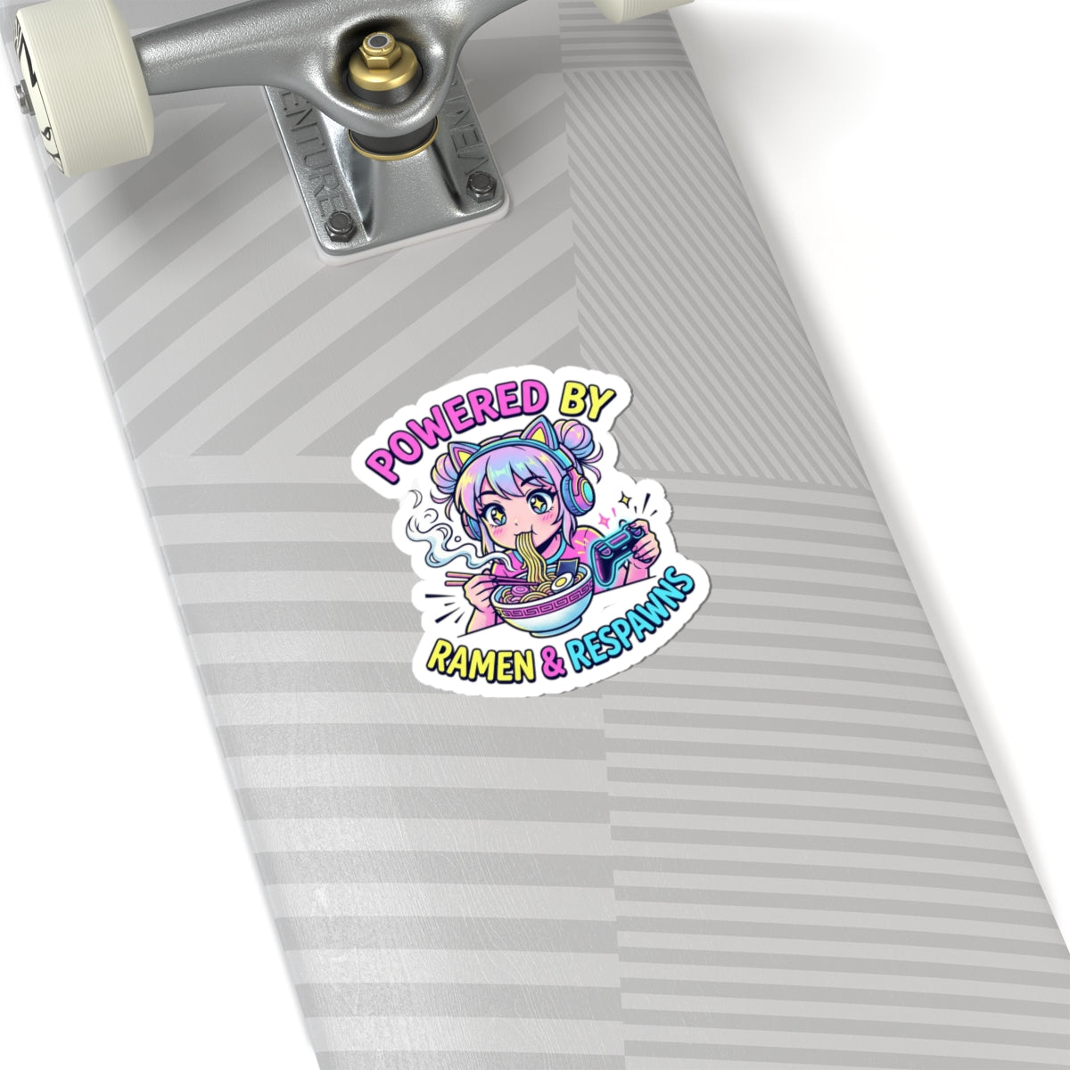 Powered by Ramen & Respawns Kiss-Cut Sticker — Cute Gamer Anime Vinyl Decal
