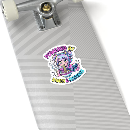Powered by Ramen & Respawns Kiss-Cut Sticker — Cute Gamer Anime Vinyl Decal