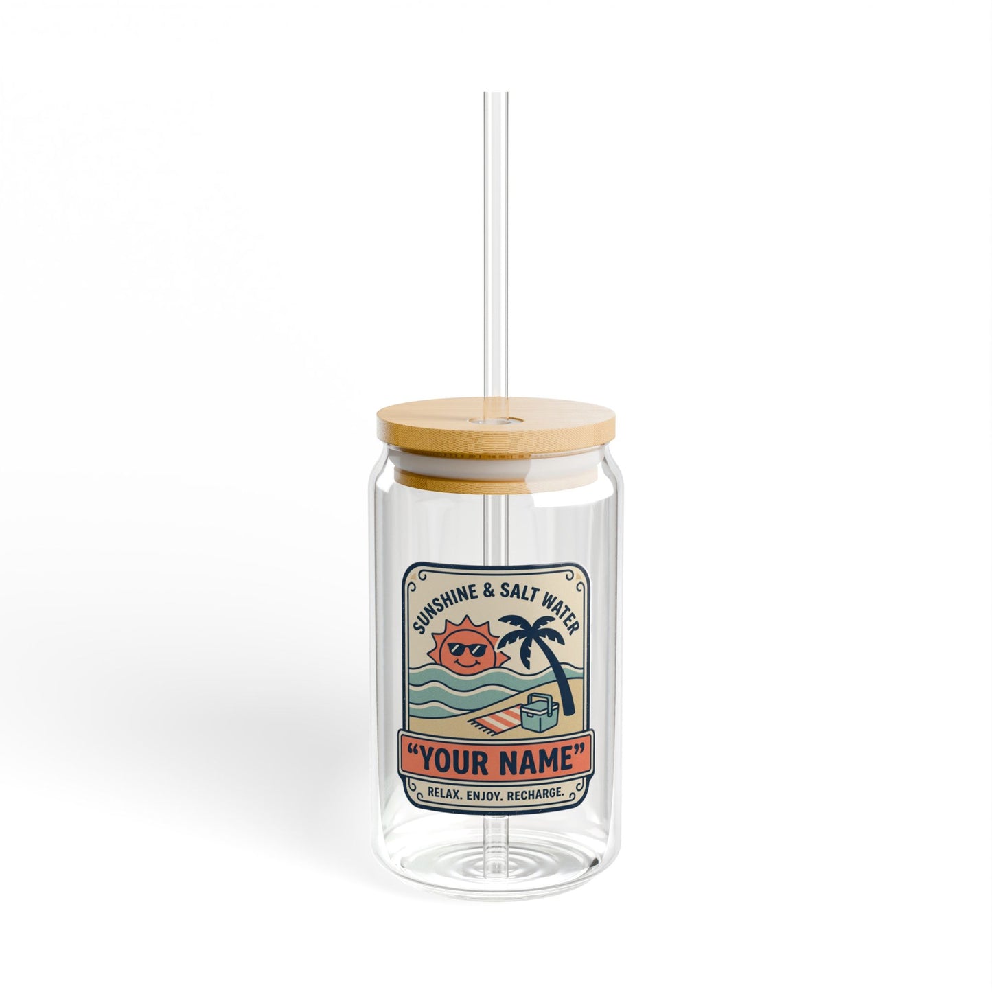Personalized Beach Vibes Sipper Glass - 16oz Travel Tumbler with Straw
