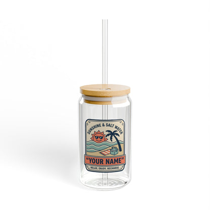 Personalized Beach Vibes Sipper Glass - 16oz Travel Tumbler with Straw