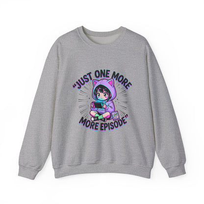 Crewneck Sweatshirt — “Just One More Episode” Cute Gamer Cat Hoodie Design