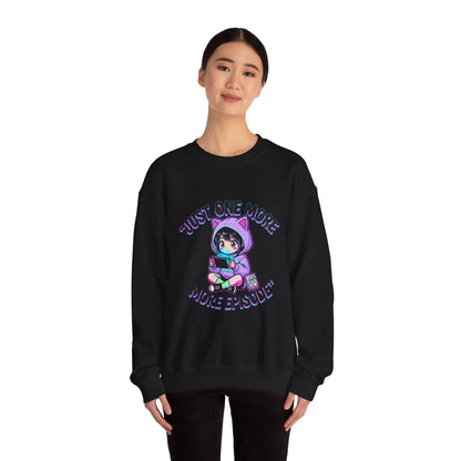 Crewneck Sweatshirt — “Just One More Episode” Cute Gamer Cat Hoodie Design