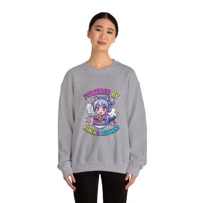 Crewneck Sweatshirt — "Powered by Ramen & Respawns" Cute Anime Gamer Graphic