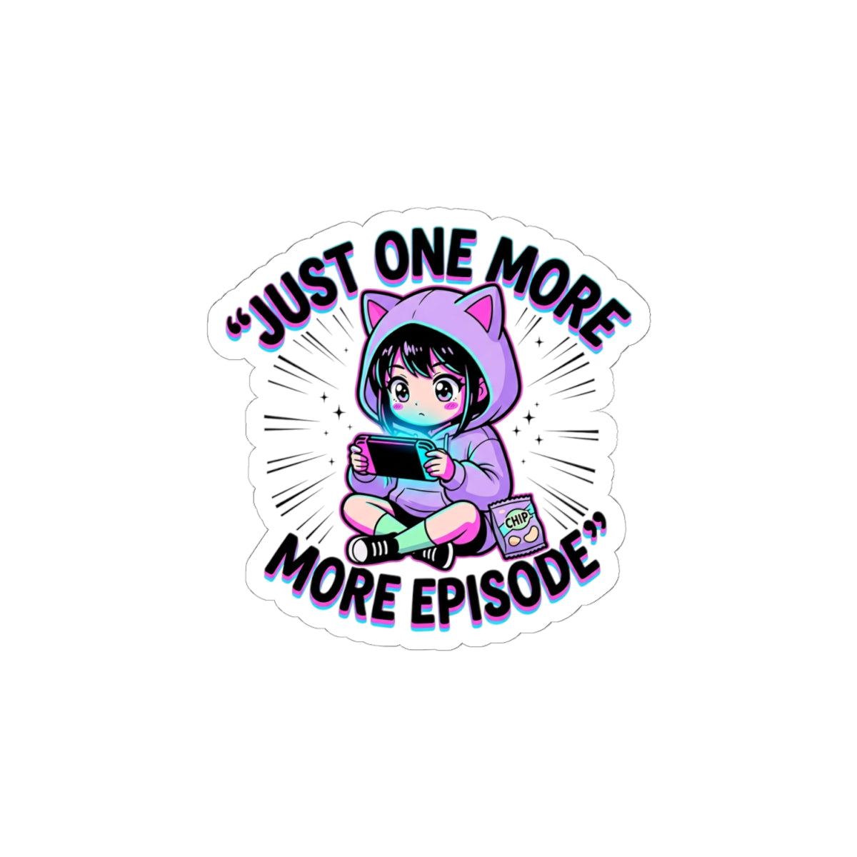 Just One More Episode Kiss-Cut Sticker | chibi anime aesthetic, kawaii manga panel