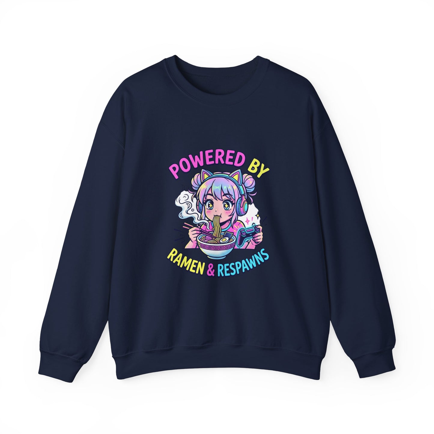 Crewneck Sweatshirt — "Powered by Ramen & Respawns" Cute Anime Gamer Graphic