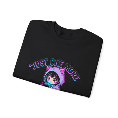 Crewneck Sweatshirt — “Just One More Episode” Cute Gamer Cat Hoodie Design