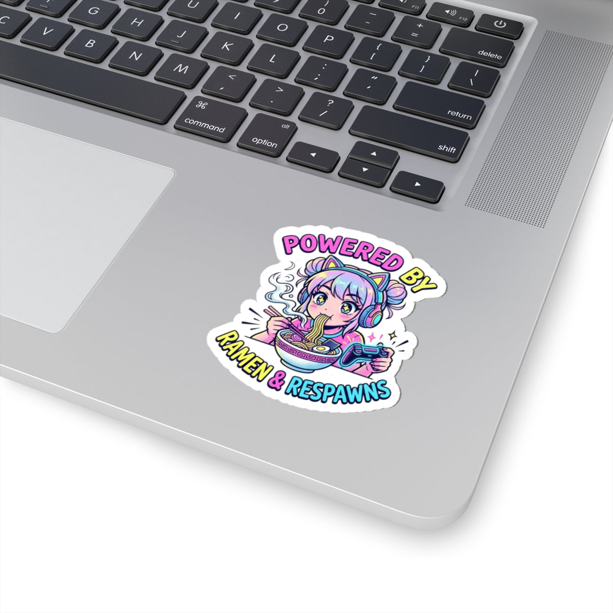 Powered by Ramen & Respawns Kiss-Cut Sticker — Cute Gamer Anime Vinyl Decal