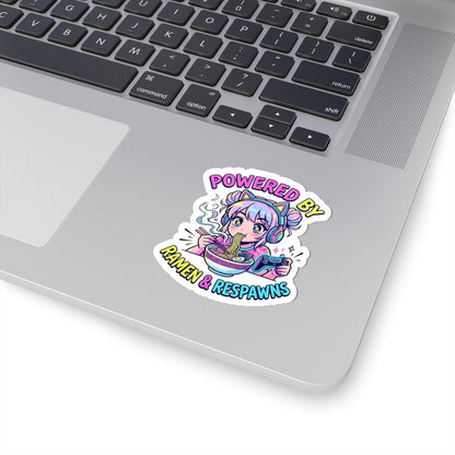 Powered by Ramen & Respawns Kiss-Cut Sticker — Cute Gamer Anime Vinyl Decal