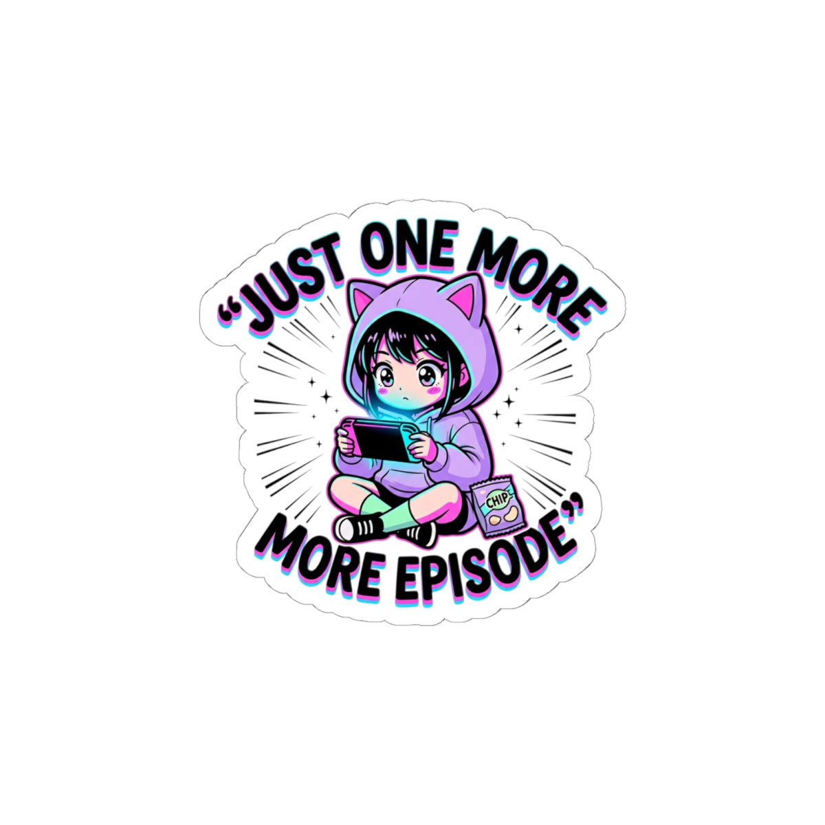 Just One More Episode Kiss-Cut Sticker | chibi anime aesthetic, kawaii manga panel