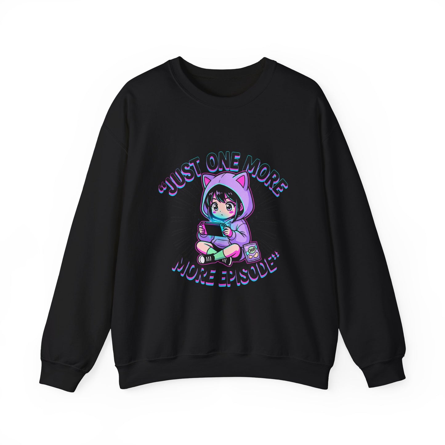 Crewneck Sweatshirt — “Just One More Episode” Cute Gamer Cat Hoodie Design