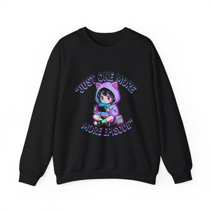 Crewneck Sweatshirt — “Just One More Episode” Cute Gamer Cat Hoodie Design