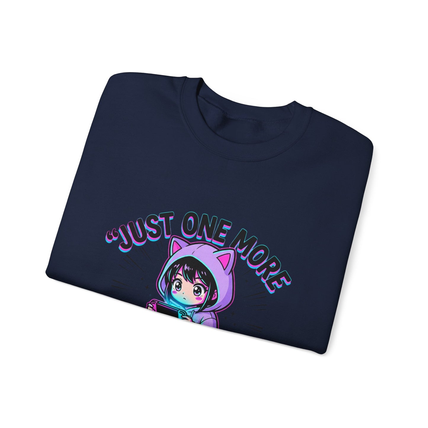 Crewneck Sweatshirt — “Just One More Episode” Cute Gamer Cat Hoodie Design