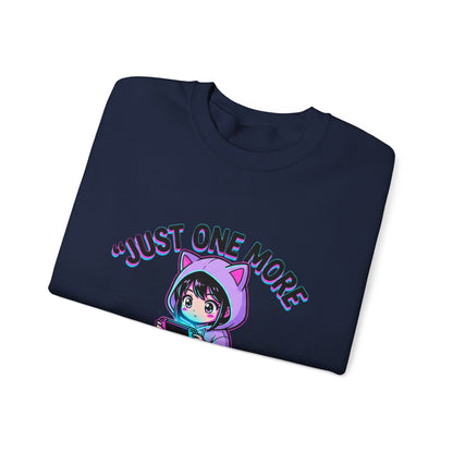 Crewneck Sweatshirt — “Just One More Episode” Cute Gamer Cat Hoodie Design