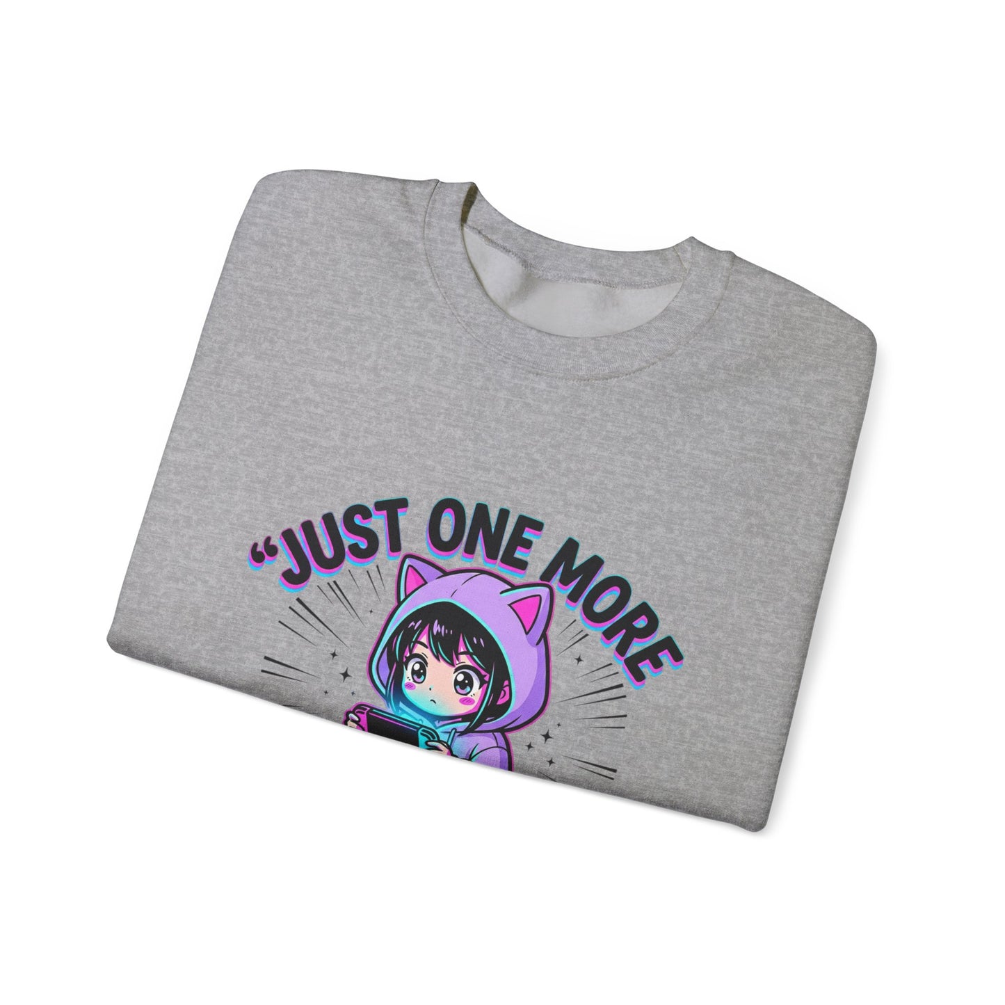 Crewneck Sweatshirt — “Just One More Episode” Cute Gamer Cat Hoodie Design