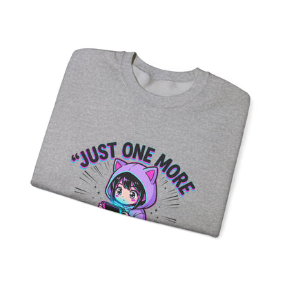 Crewneck Sweatshirt — “Just One More Episode” Cute Gamer Cat Hoodie Design