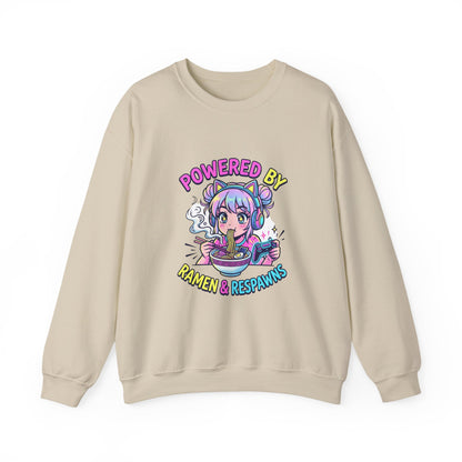 Crewneck Sweatshirt — "Powered by Ramen & Respawns" Cute Anime Gamer Graphic
