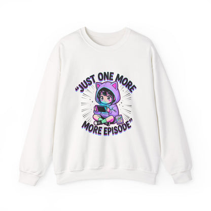 Crewneck Sweatshirt — “Just One More Episode” Cute Gamer Cat Hoodie Design