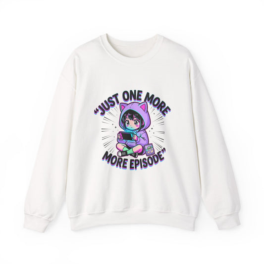 Crewneck Sweatshirt — “Just One More Episode” Cute Gamer Cat Hoodie Design