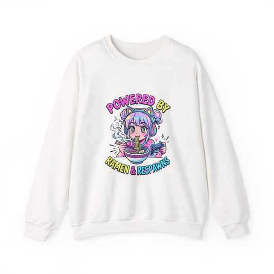 Crewneck Sweatshirt — "Powered by Ramen & Respawns" Cute Anime Gamer Graphic