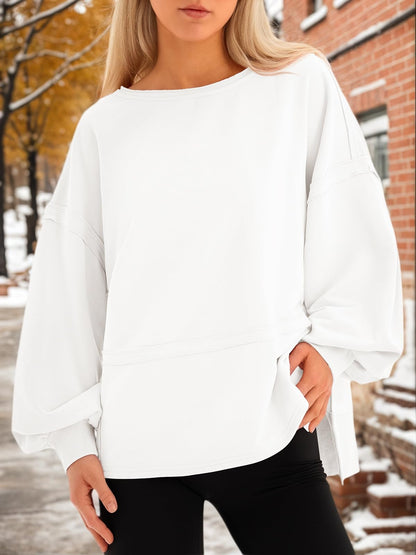 Fisoew Womens Casual Crewneck Sweatshirts Lantern Long Sleeve Side Slit Loose Sweatshirt Fall Crop Pullover Tops
