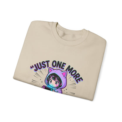 Crewneck Sweatshirt — “Just One More Episode” Cute Gamer Cat Hoodie Design
