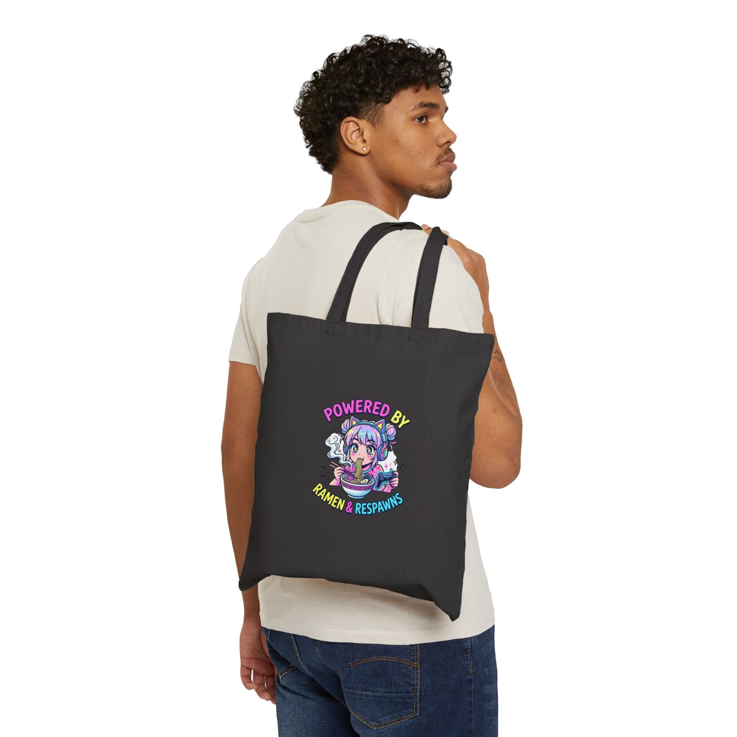 Cotton Tote — "Powered by Ramen & Repeats" Cute Anime Snack Lover Bag