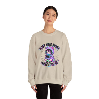 Crewneck Sweatshirt — “Just One More Episode” Cute Gamer Cat Hoodie Design