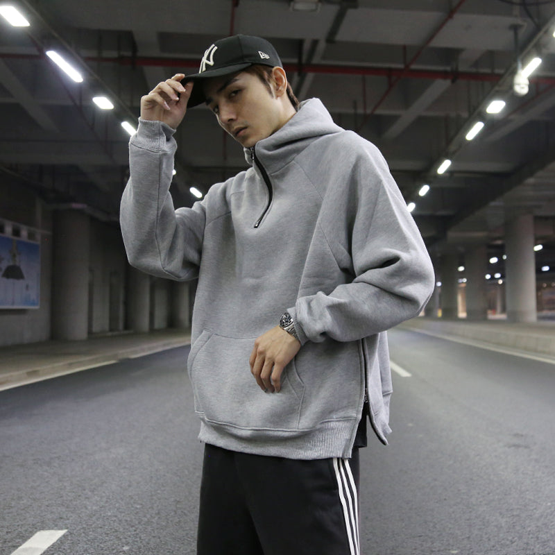 Oversize solid half-zip fleece pullover hoodie