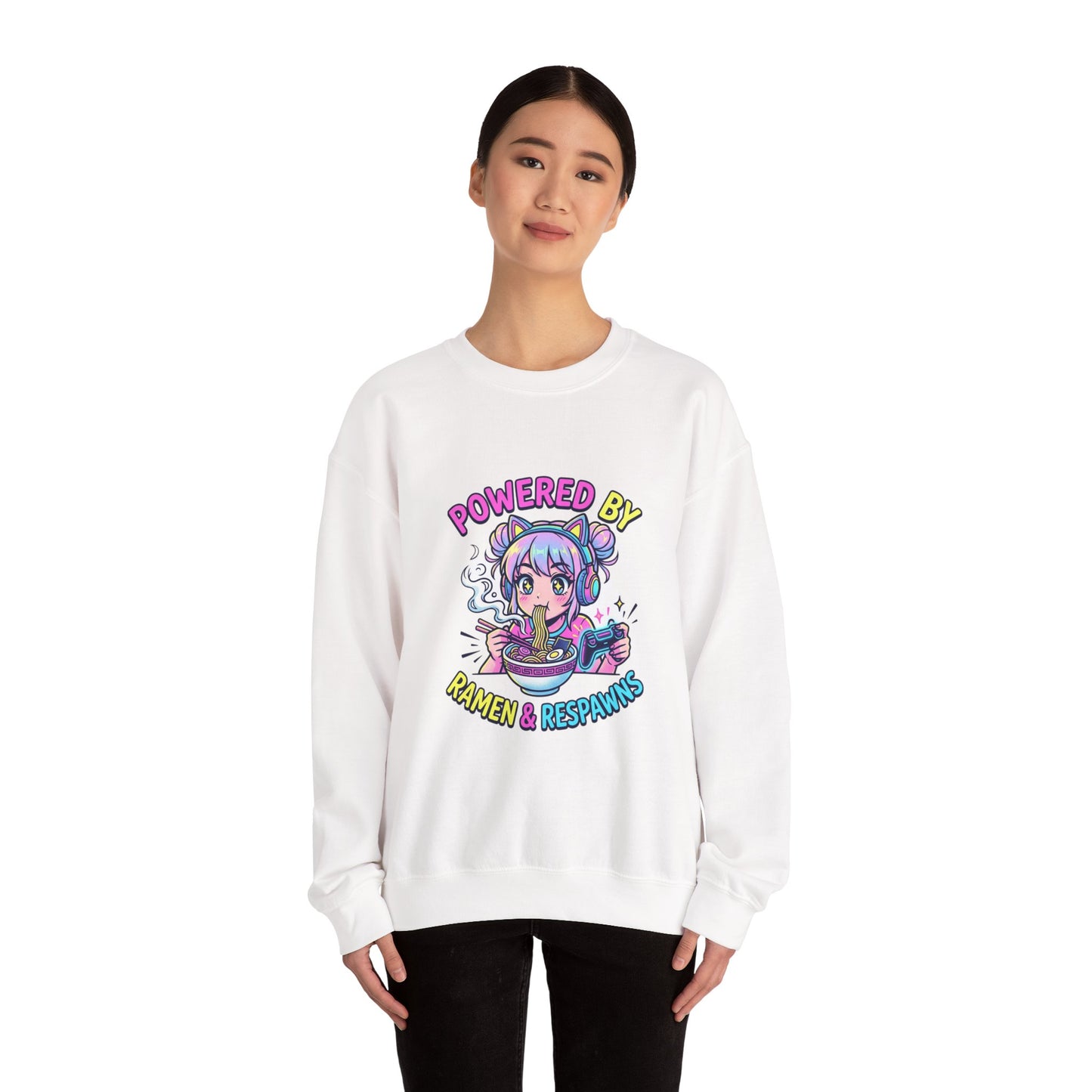 Crewneck Sweatshirt — "Powered by Ramen & Respawns" Cute Anime Gamer Graphic