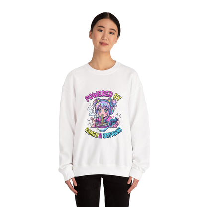 Crewneck Sweatshirt — "Powered by Ramen & Respawns" Cute Anime Gamer Graphic