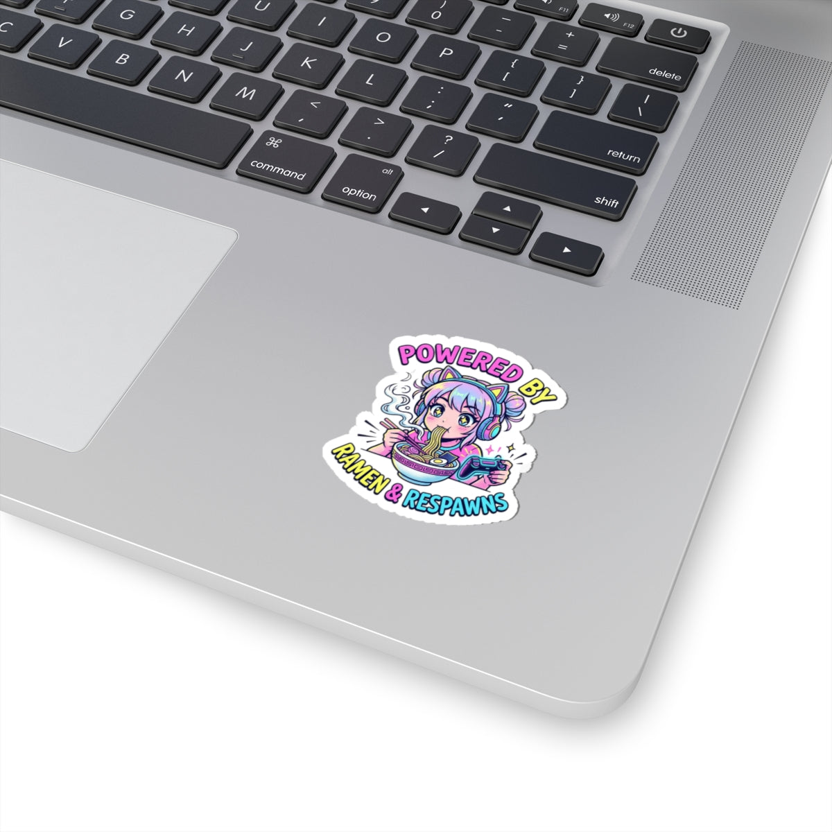 Powered by Ramen & Respawns Kiss-Cut Sticker — Cute Gamer Anime Vinyl Decal