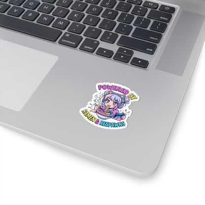 Powered by Ramen & Respawns Kiss-Cut Sticker — Cute Gamer Anime Vinyl Decal