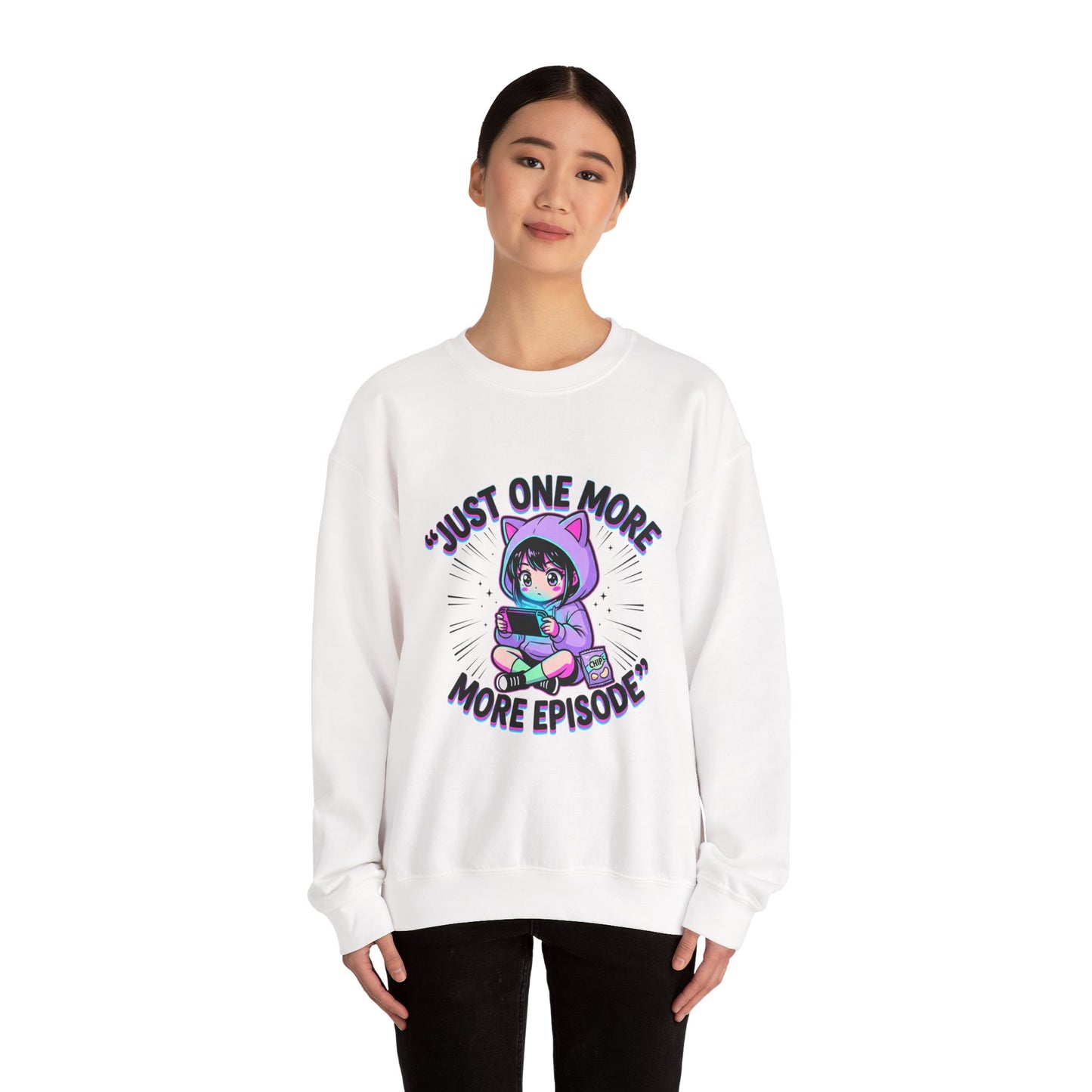 Crewneck Sweatshirt — “Just One More Episode” Cute Gamer Cat Hoodie Design
