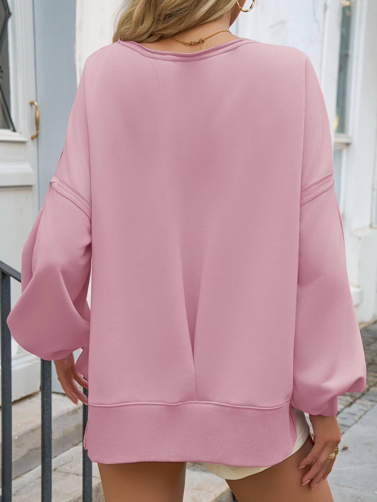 Fisoew Womens Casual Crewneck Sweatshirts Lantern Long Sleeve Side Slit Loose Sweatshirt Fall Crop Pullover Tops