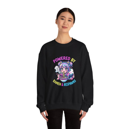 Crewneck Sweatshirt — "Powered by Ramen & Respawns" Cute Anime Gamer Graphic